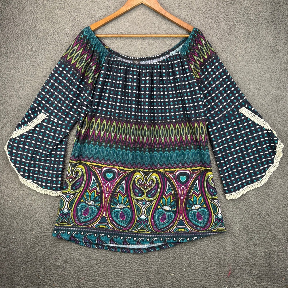 WinWin Womens Paisley Bell Sleeve Tunic Top Crochet Trim Multi Color L-XL